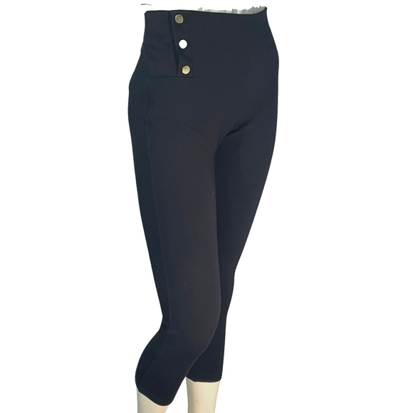 3/$30 Ann Taylor Factory Sz M Leggings 3/4 Length Black Sailor Button Waist - Picture 1 of 7